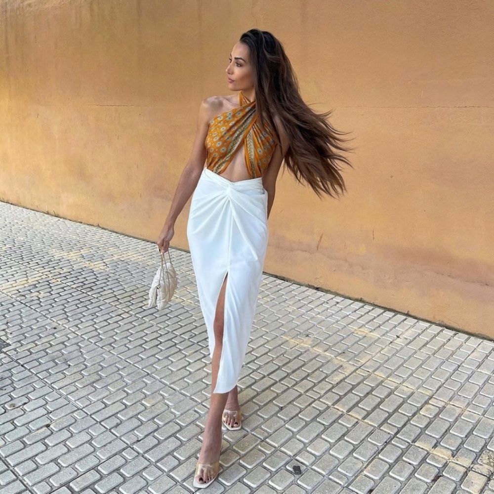 Zara Satin Effect Skirt With Knot Ecru